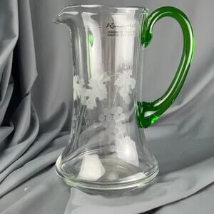 Vintage Roman Art France Hand Blown Glass Pitcher Etched Grapes Green Handle